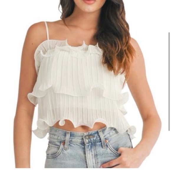 Lush Tops - Lush Cream Ruffle Pleated Crop Cami